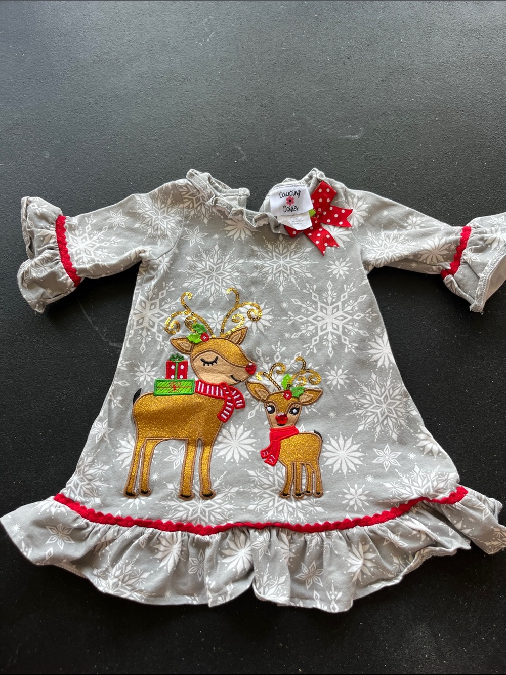 Festive Gray Ruffle Holiday Reindeer Dress - Kids